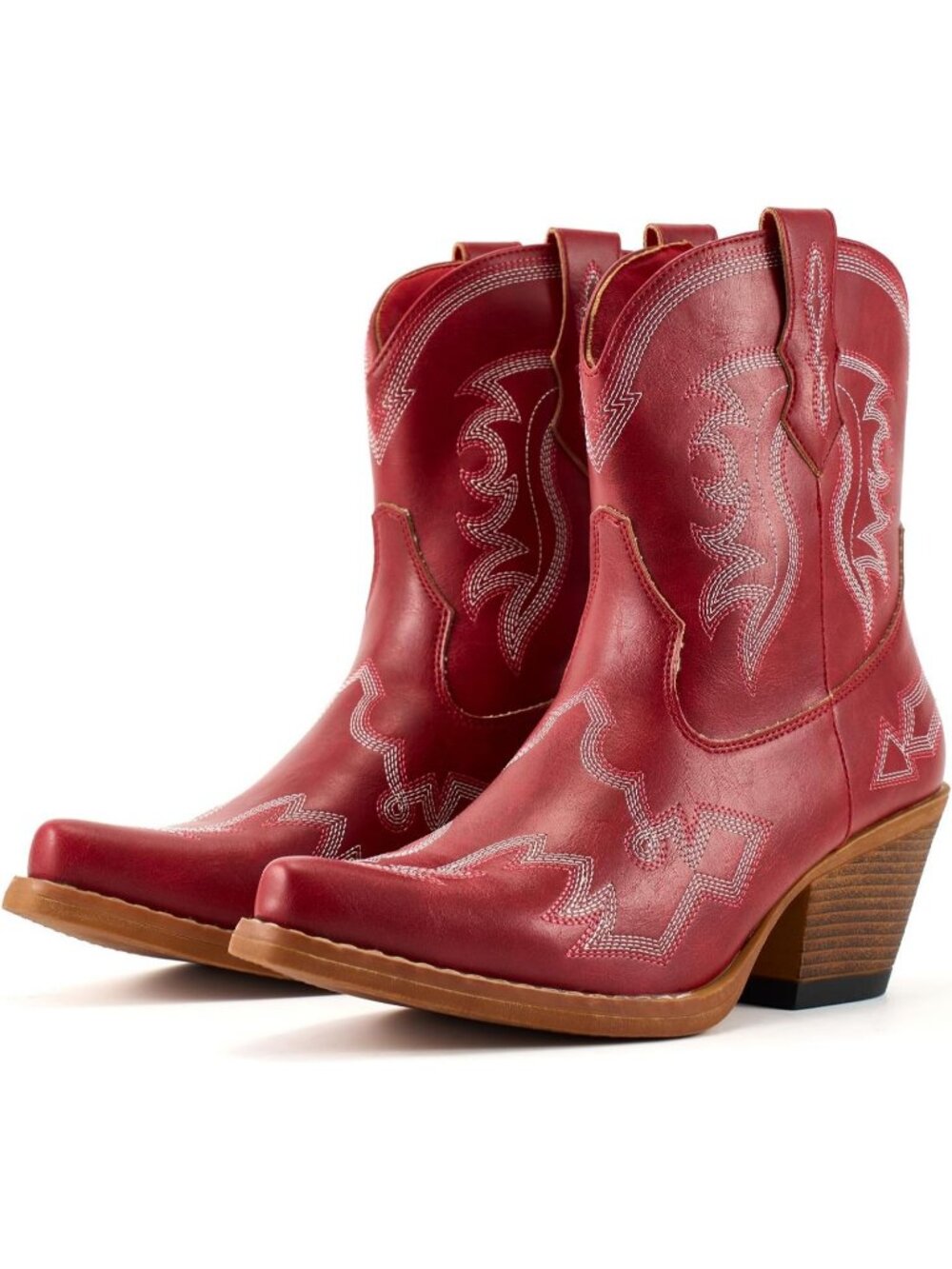 Women's Red Cowgirl Ankle Boot Snip Toe Low Chunky Heel Classic Western Pull-On